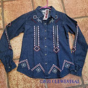 NWT Pink Cattlelac Southwestern Blue Denim Shirt